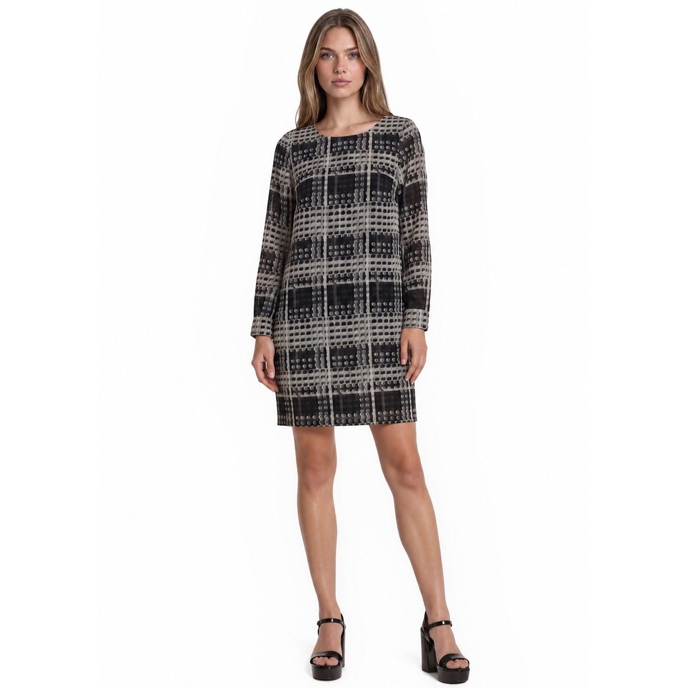 Thakoon Shift Dress Women's Size Medium Black Cream White Grid Long Sleeve